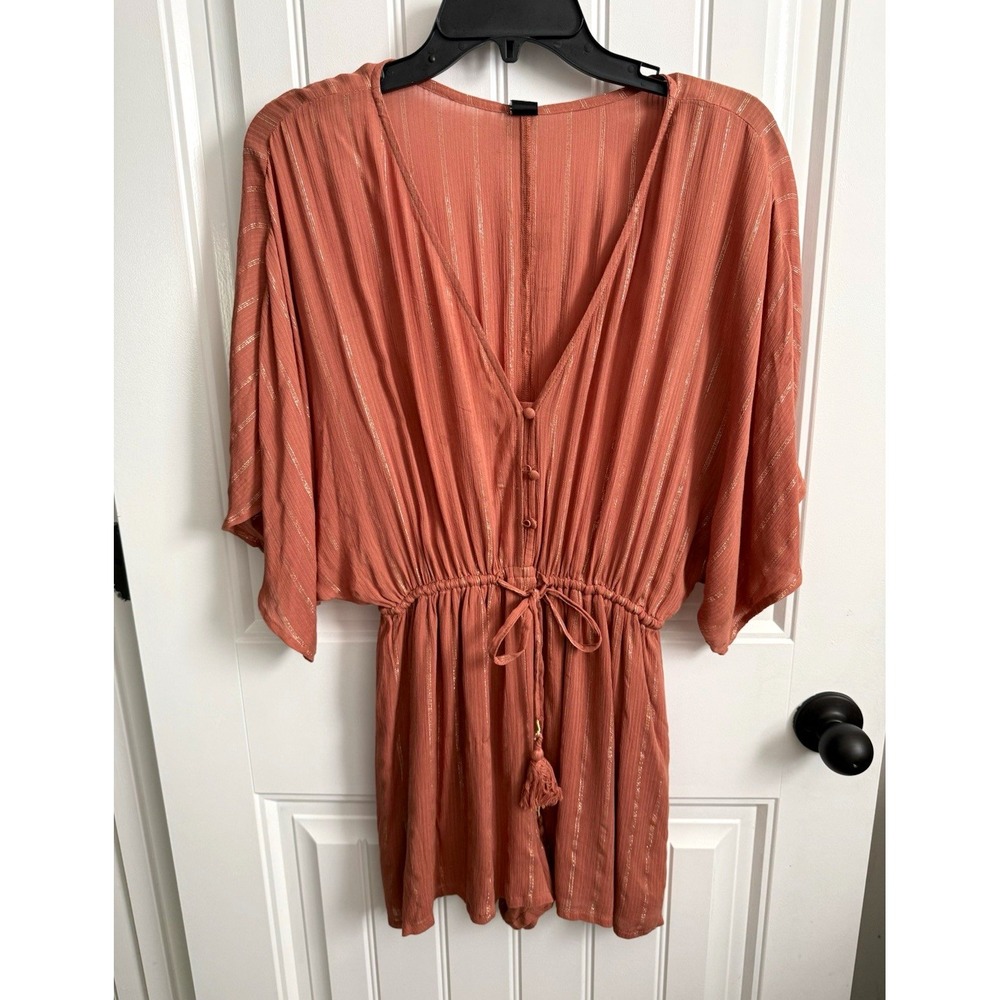 MINKPINK Size S Rust Gold Metallic Stripe Romper Kimono Sleeve Tie Waist